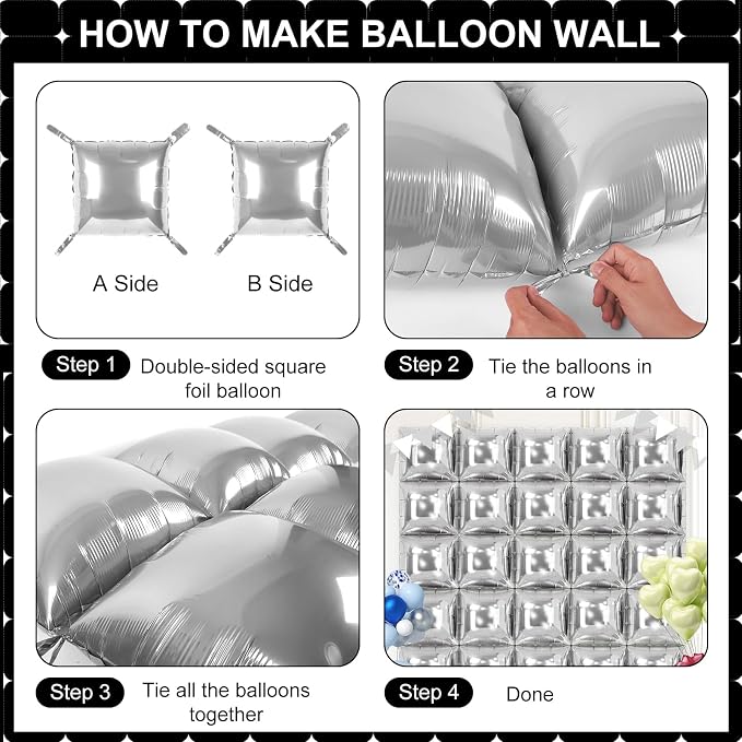 Silver Square Balloon Wall Square Foil Balloons Wall Backdrop 25 Pcs Double - Image 3