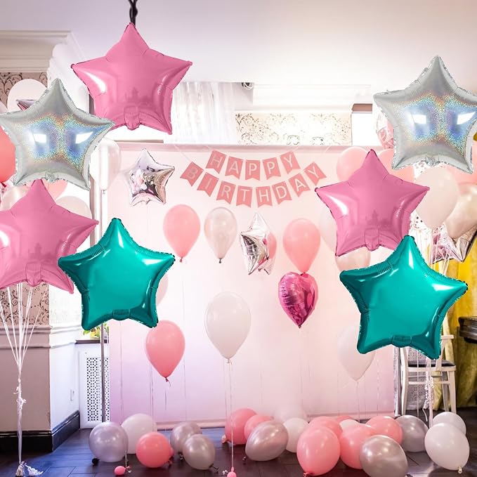 Pink and Teal Blue Star Foil Balloons, 18 Inch Metallic Turquoise Stars - Image 5