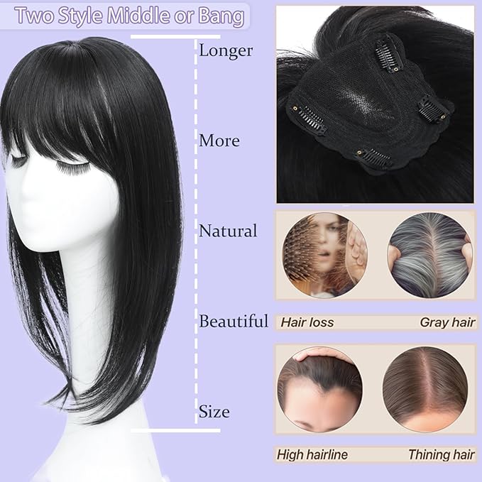 Hair Toppers for Women Real Human Hair, 360°3D Topper for Women with Thinning Crown Wispy Clip in Bangs Breathable Hand Tied Craft Big Coverage Hairpieces(Gray（Big Coverage）, 12 Inch-3D-Side)