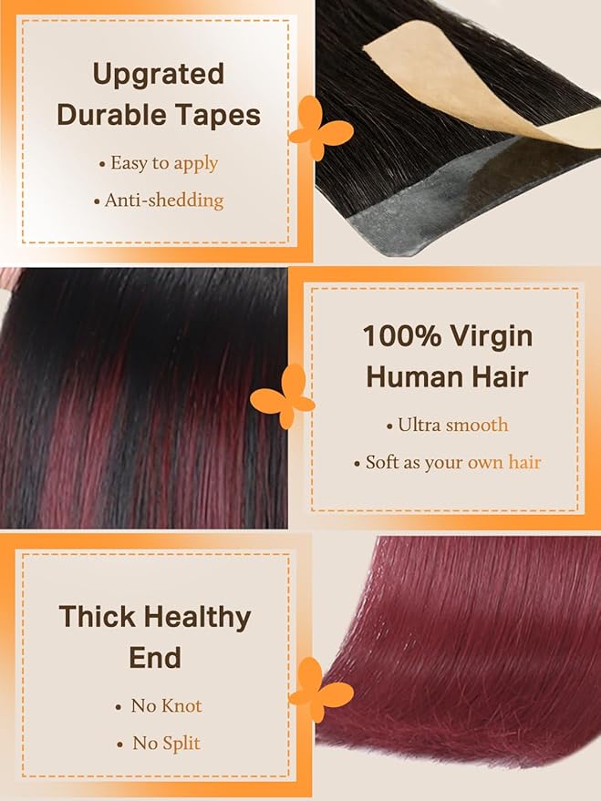 DOORES Human Hair Extensions Tape in, Ombre Jet Black to Red 60g 20pcs 26 Inch, Tape in Hair Extensions Straight Real Skin Weft