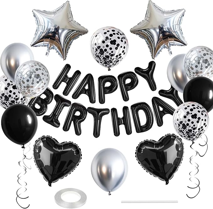 27 Pcs Black Silver Birthday Decorations, 3D Letters Black Happy Birthday by WEIKA