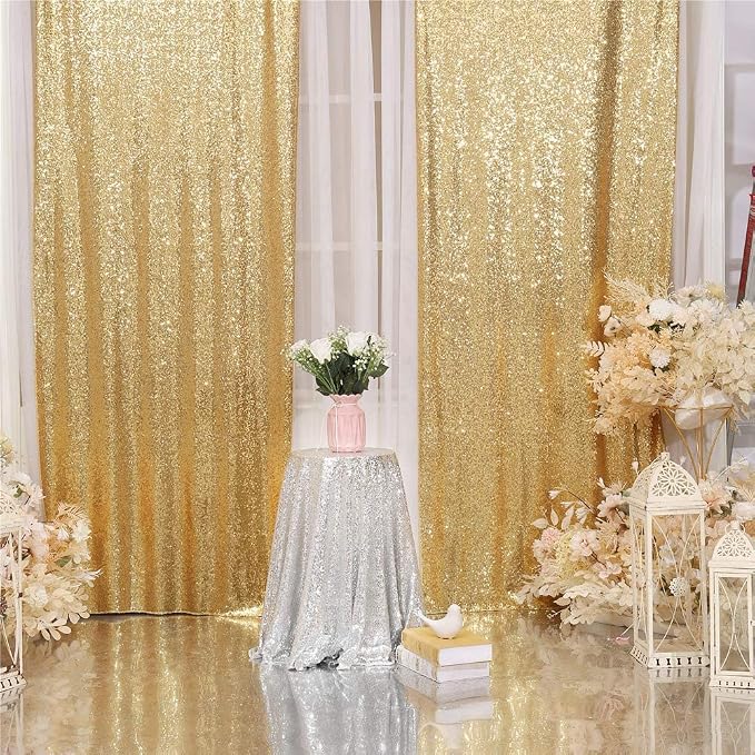 Eternal Beauty Gold Sequin Backdrop Curtains, 2 Panels 2x8FT | 3mm Sparkle - Image 3