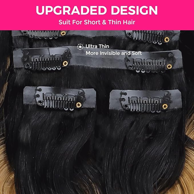 Lashey Seamless Clip in Hair Extensions Human Hair 7pcs 110g 14 Inch Body Wave Ombre Natural Black to Honey Blonde Hair Extensions Clip ins with Soft PU Weft