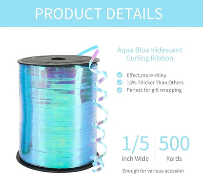 500 Yard Iridescent Aqua Blue Curling Ribbon, 1/5" Wide Holographic Christmas - Image 2