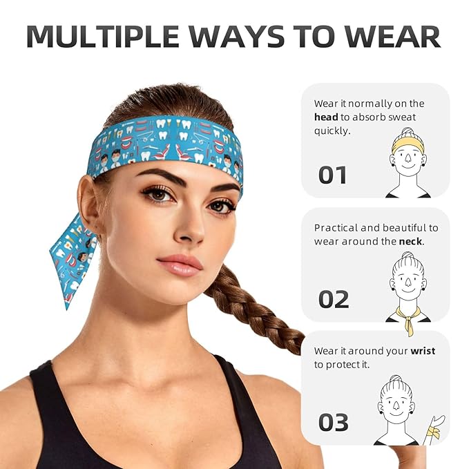 Men Women Novelty Sports Sweat Bands Hair Accessories for Sports Workout Shower, Elastic Multi Style Teeth Dental Seamless Pattern Blue Hair Band Headdress