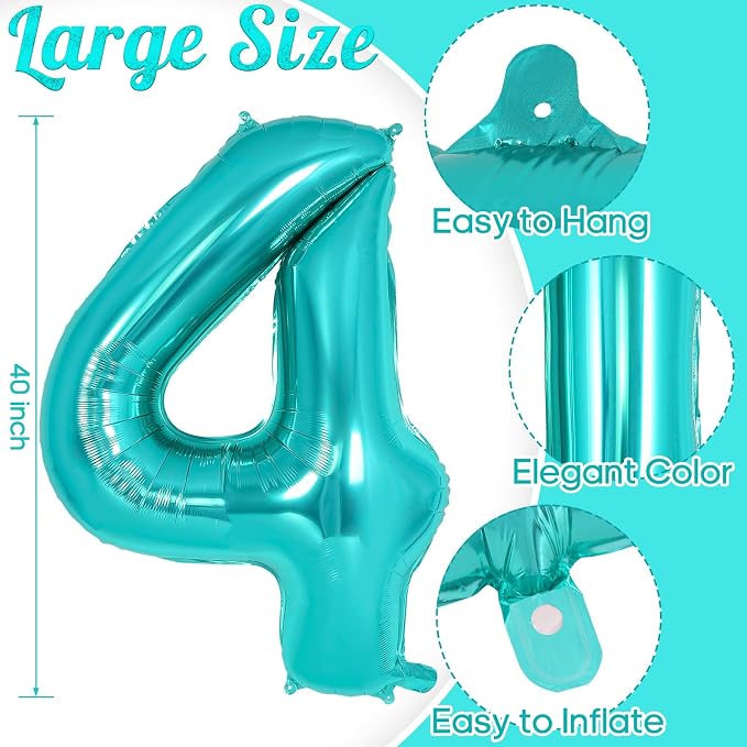 Teal Blue Number 4 Balloon, 40 Inch Big Large Foil Helium Number Balloons - Image 3