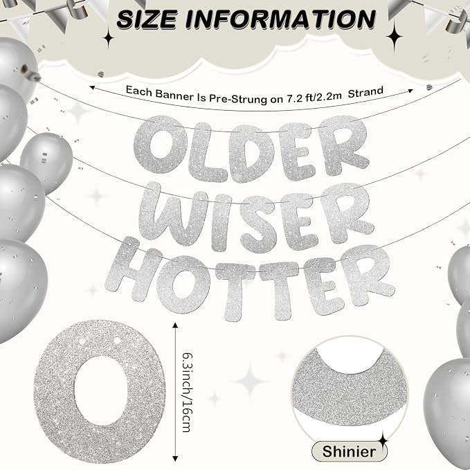 Fulmoon Set of 3 Pre Strung Older Wiser Hotter Glitter Banner Funny Birthday - Image 3