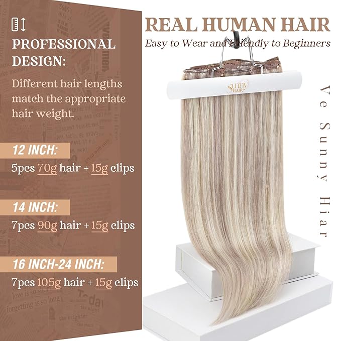 Ve Sunny Clip in Hair Extensions Real Human Hair Ash Blonde Highlight Bleach Blonde Human Remy Hair Extensions Clip ins Short Hair Thick 12inch 80g 5pcs