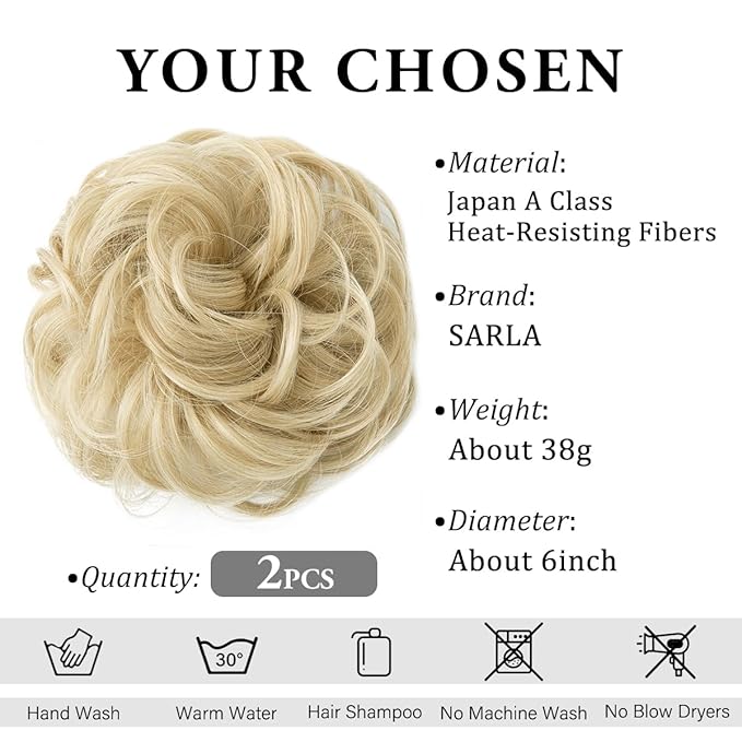 SARLA 2PCS Messy Hair Bun Hair Pieces Wavy Curly Synthetic Updo Fake Scrunchies Ponytail Extension for Women Ash Blonde