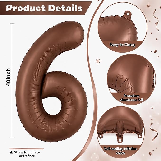 Dark Brown Number Balloons 6, 40inch Large Chocolate Brown Digital 6 Foil - Image 2