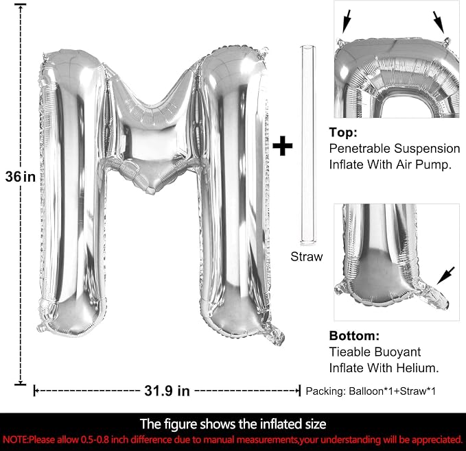 Lovoir 40 Inch Large Silver Letter M Balloons Big Size Jumbo Mylar Foil Helium - Image 2