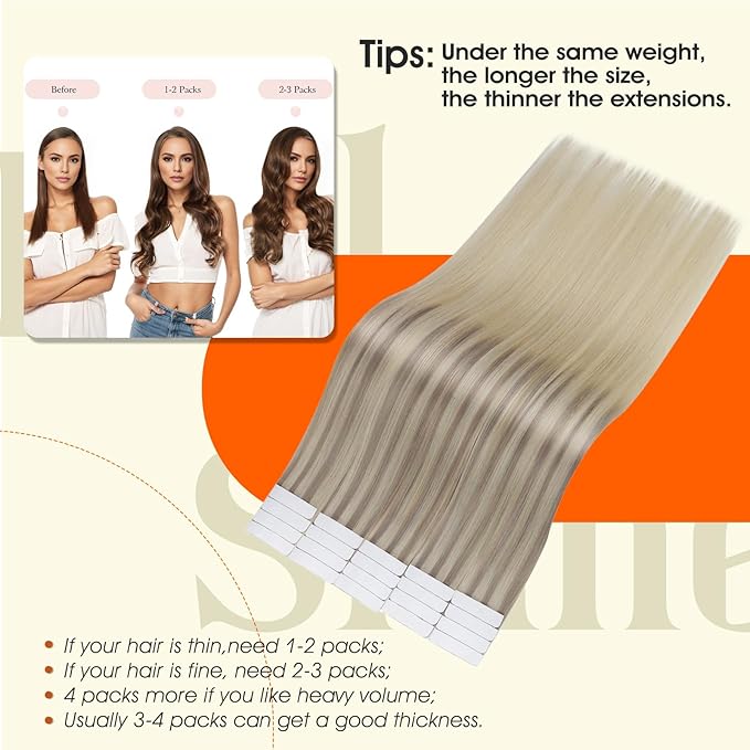 Full Shine Blonde Tape in Extensions Human Hair 18 Inch Remy Double Sided Tape in Hair Extensions 50Gram Balayage 20 Pcs Adhesive Straight Seamless Skin Weft 18/22/60 Invisible for Party