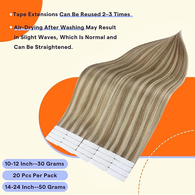 Full Shine Tape in Hair Extensions Human Hair 12 Inch Double Sided Tape in Hair Extensions 30Gram 20Pcs Remy Extensions Straight Hair Color 16 Light Golden Blonde Highlighted 22 Blonde for Party