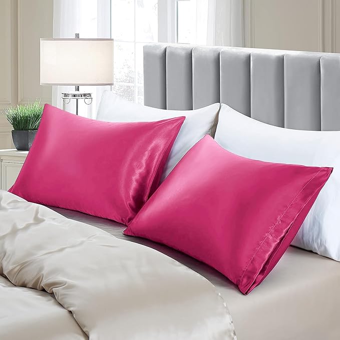 Aormenzy Satin Pillow Cases for Women Queen Size Set of 2, Hot Pink Satin Pillowcase for Hair with Envelope Closure Silky Pillow Covers Wrinkle, Fade Resistant (20x30 Inches)