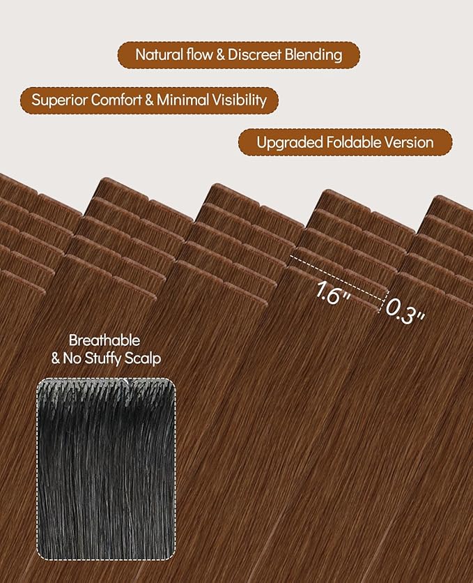 VINBAO Invisible Tape in Hair Extensions Human Hair Copper 45g 16in 20pcs Seamless Injected Tape in Hair Extensions Auburn Injection Tape-ins Pro Quality 16inch #33