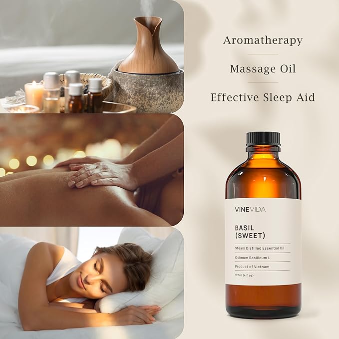 VINEVIDA Sweet Basil Essential Oil 4 oz - Undiluted Oil - DIY Candle Scents - Bulk Oil for Soap Making - Safe for Skin