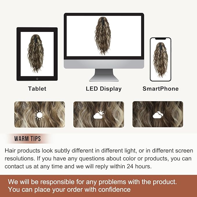 FLUFYMOOZ Wavy Curly Claw Clip Ponytail Extension, 18 Inch Natural Fake Ponytail Synthetic Hairpiece for Women (Medium Brown Ash Blonde)