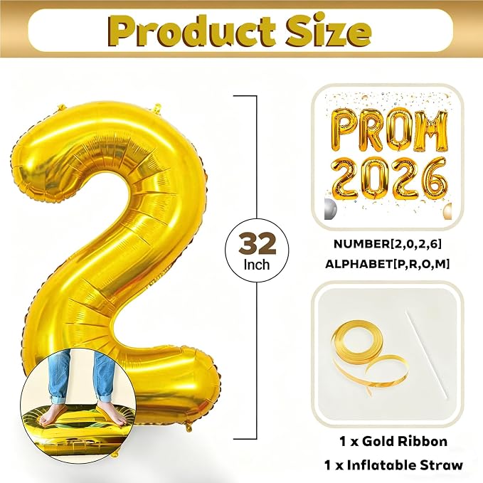 32 Inch 2026 Prom Balloons Set, Foil Mylar 2026 Number & PROM Letter Aluminum - Image 2