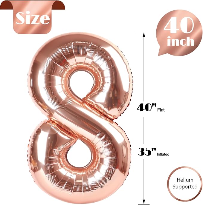 Rose Gold Number 8 Balloon 40 Inch, 8th Birthday Decorations Men Women | Foil - Image 6