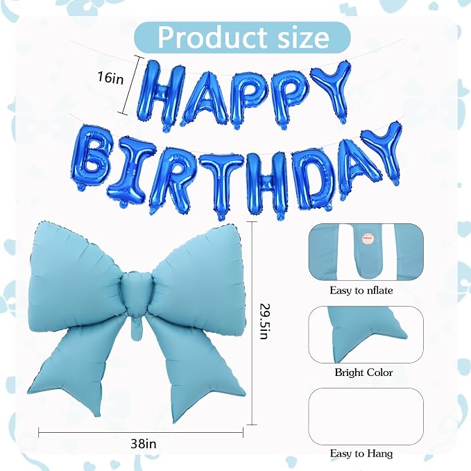 Vuzvuv Blue Happy Birthday Balloons, 38 Inches Huge Bow Aluminum Foil Balloons - Image 2