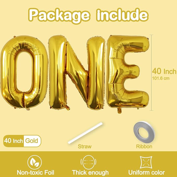 40 Inch Gold ONE Letter Foil Balloons, Giant Metallic Mylar Helium Balloons - Image 2