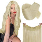RUNATURE Wire Hair Extensions, Real Human Hair Wire Extensions Blonde, Invisible Fish Line Hair Extensions, Remy Natural Hair for Women, Add Volume, 12 Inch 70g #24 Bleach Blonde