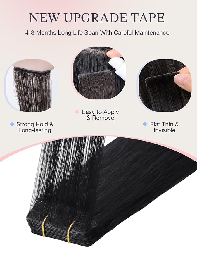 DOORES Seamless Human Hair Tape in Extensions Invisi Edge, Jet Black 10 Injection Tape-ins with 10 Injection Tape-ins 50g 20 Inch, Virgin Human Hair Injected Tape in Extensions