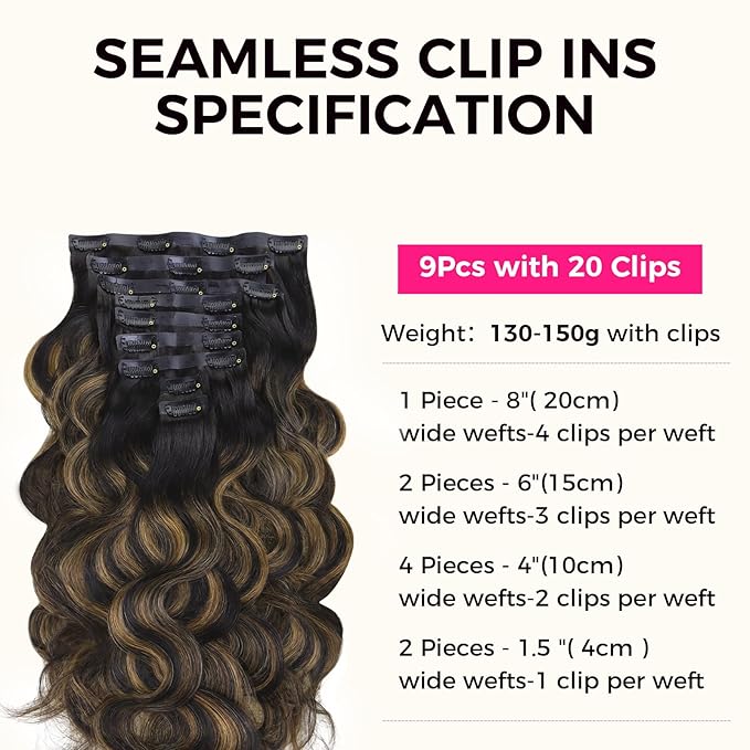 Lashey Seamless Clip in Hair Extensions Human Hair 130g 9pcs 18 Inch Body Wave Natural Black Mixed Chestnut Brown Clip in Hair Extensions for Women