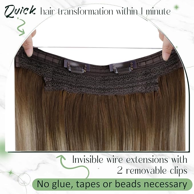 RUNATURE Brown Balayage Wire Hair Extensions Real Human Hair 20 Inch 100g, Invisible Fish Line Hair Extensions Soft Silky Hair, Quick Application #3/8/22 Walnut Brown to Light Brown with Blonde