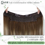 RUNATURE Brown Balayage Wire Hair Extensions Real Human Hair 20 Inch 100g, Invisible Fish Line Hair Extensions Soft Silky Hair, Quick Application #3/8/22 Walnut Brown to Light Brown with Blonde