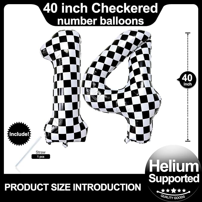 LHOAVWE Number 14 Checkered Balloons 40 Inch Giant Race Car Checkered 14 Number - Image 2