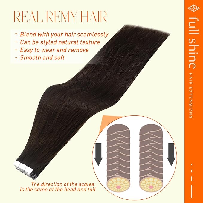 Full Shine Tape in Hair Extensions Real Human Hair 16Inch Color 2 Dark Brown Seamless Hair Extensions Tape in Double Sided Tape Hair Extensions 40Pcs Invisible Skin Weft 100G for Women