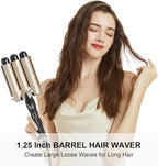 Hair Waver 1 1/4 Inch Crimper for Large Loose Waves, AIMERVO 3 Barrel Curling Iron 1.25", 15 Heat Settings 170-450°F for All Hair Types, Ceramic Jumbo Curling Wand, Dual Voltage, for Mid to Long Hair