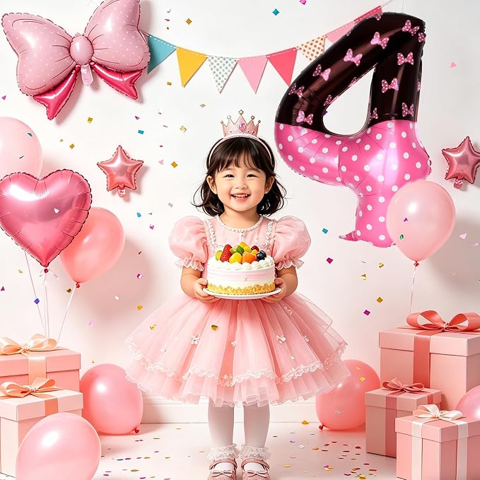 40 Inch Pink Cartoon Mouse Number 4 Balloon, Birthday Party Decorations | Black - Image 6