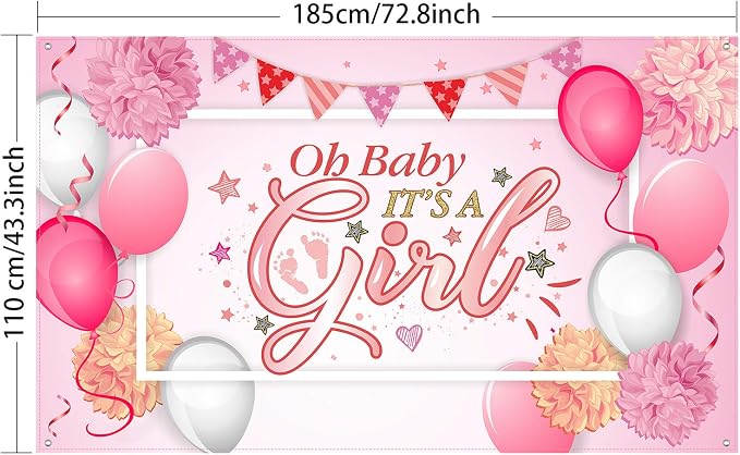 Blulu Baby Shower Backdrop It's a Girl Banner 6 x 3.6 ft Large Pink Fabric - Image 2