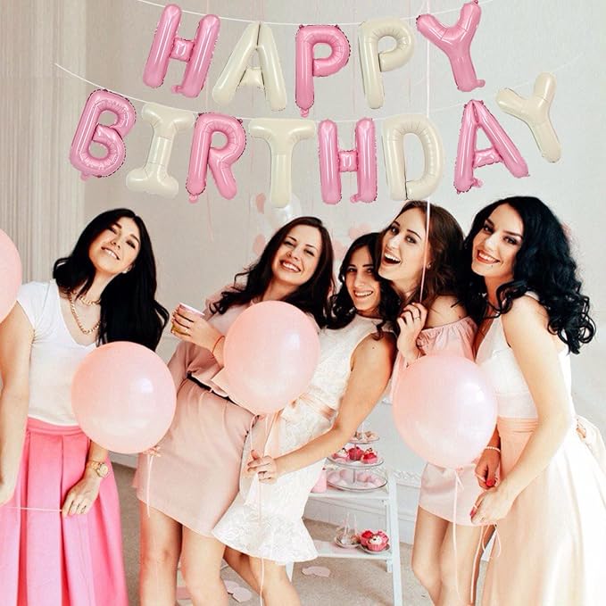 TONIFUL 16 Inch Cream White Pink Happy Birthday Balloons Banner Decorations | - Image 4