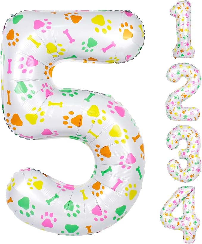 40 Inch Multi-color Dog Paw Balloons, Numeral 5 Birthday Balloons by AXBMM