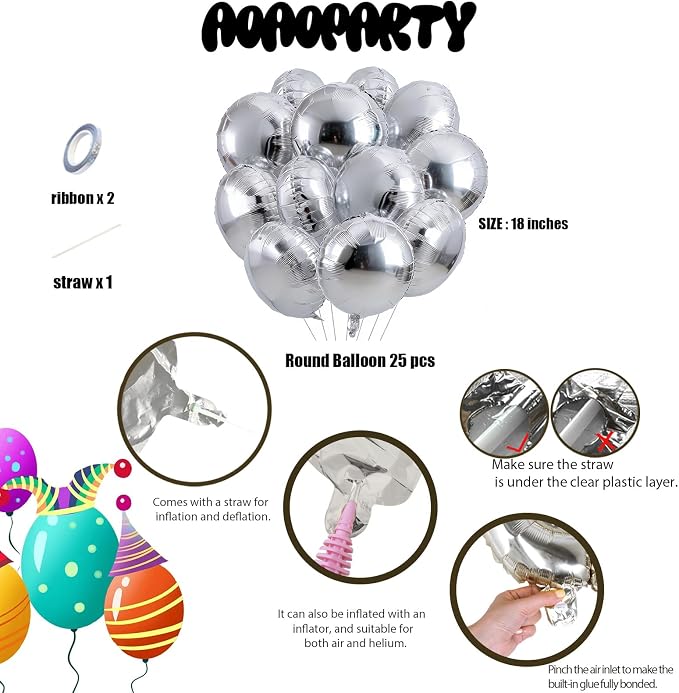 25Pcs Silver Round Shaped Foil Balloons 18 Inch Mylar Balloon | Helium - Image 6
