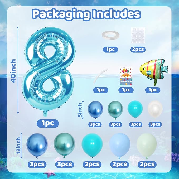 40 Inch Blue Number 8 Balloon Ocean Under the Sea Number Eight Foil Balloons - Image 2