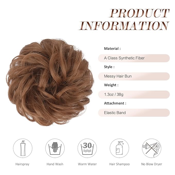 FESHFEN Messy Bun Hair Piece - Elastic Wavy Curly Hair Bun Scrunchies Extensions Synthetic Chignon Hairpieces for Women Girls, Light Auburn 1.5 oz