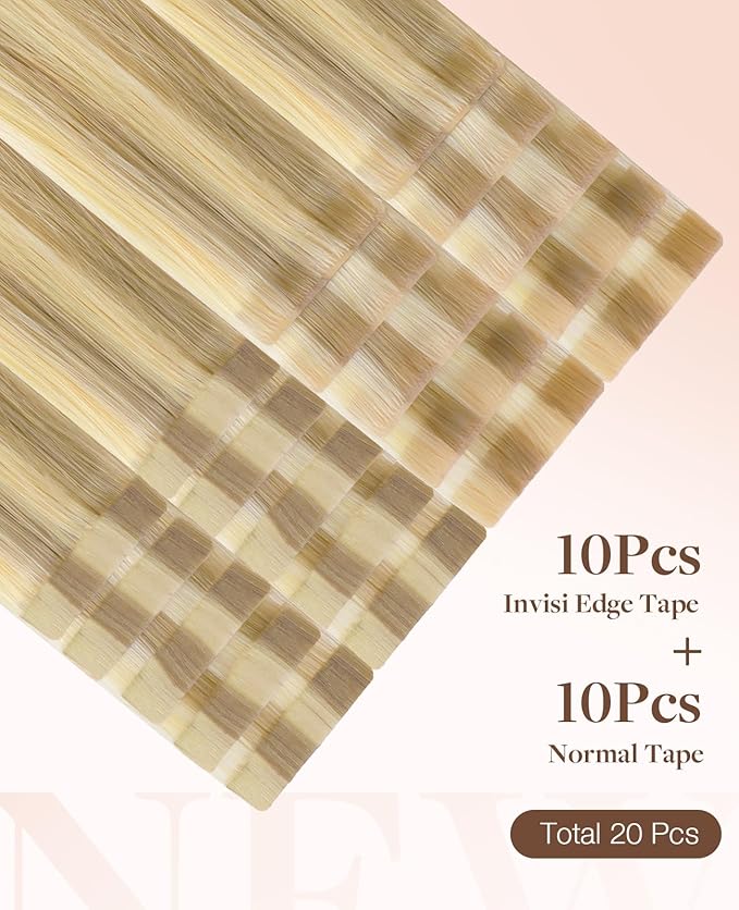 GOO GOO Invisi Edge Tape in Hair Extensions Human Hair, 16/22 Light Blonde Highlighted Golden Blonde 10pcs injected with 10pcs classical tape ins, 10inch 30g, Virgin Remy Hair, Natural Look