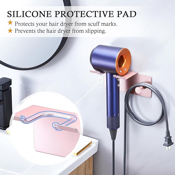 Hair Dryer Holder Wall Mount, Blow Dryer Holder for Wall, Adhesive Hairdryer Holders, Stainless Steel Blowdryer Holders Bathroom Hair Tool Organizer Hair Dryer Hanger Hook with Cord Storage(Rose Gold)