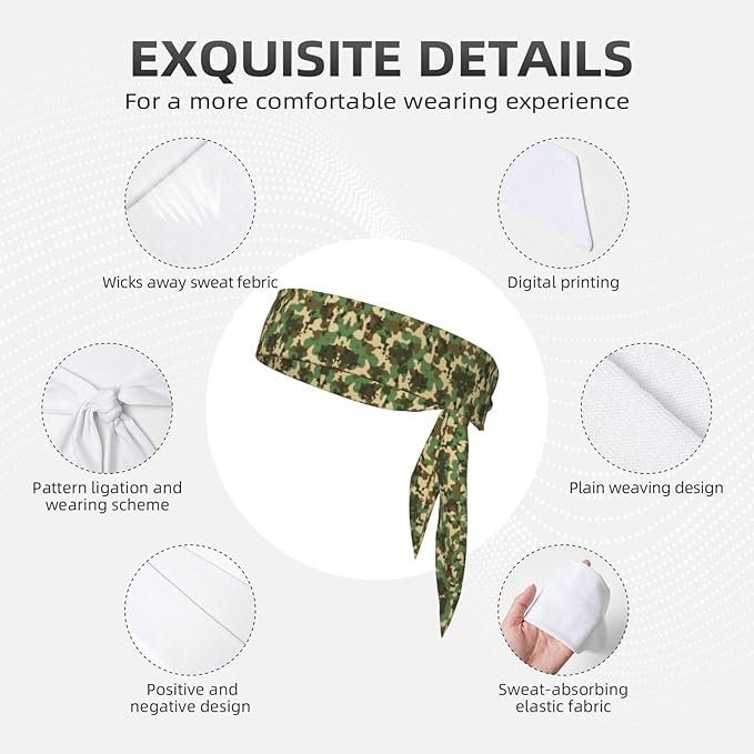 Men Women Fashion Sports Sweat Bands Hand Decor for Running Fitness Shower, Long Multi Style Green Camo Army Camouflage Head Ribbon Headwear