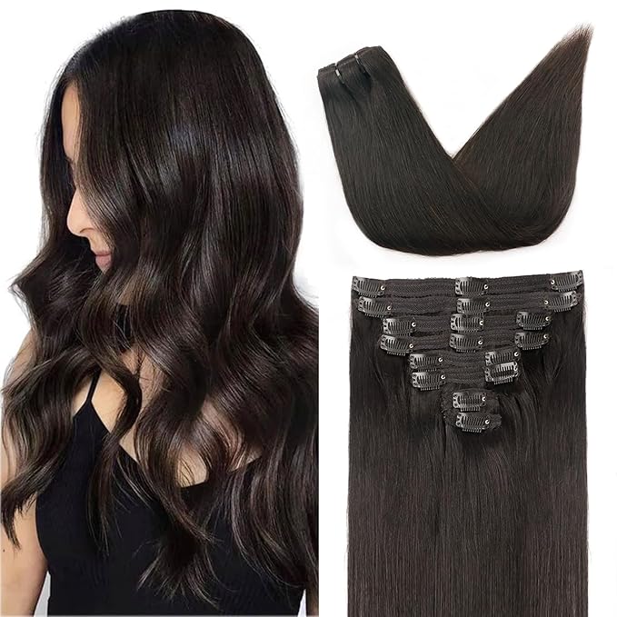 Straight Clip In Hair Extensions Real Human Hair 8Pcs Clip In Dark Brown Human Hair Extensions with 18Clips Lace Weft 120g 16inch