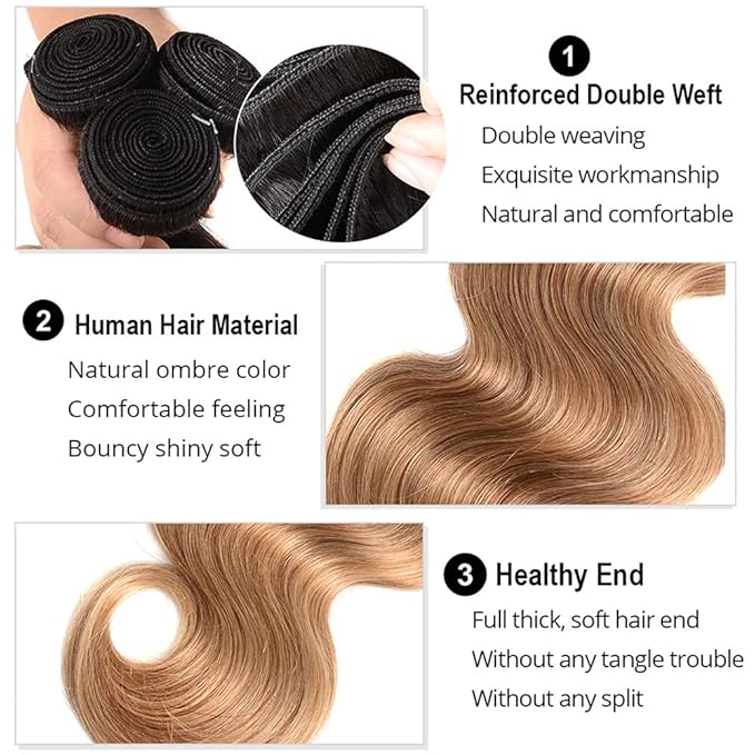 28 30 32 Inch Honey Blonde Bundles Human Hair Ombre Body Wave Bundle Brazilian Virgin Remy Hair Extensions Double Weft 2 Tone Black and Blonde Body Wave Bundle Hair Weave 150g