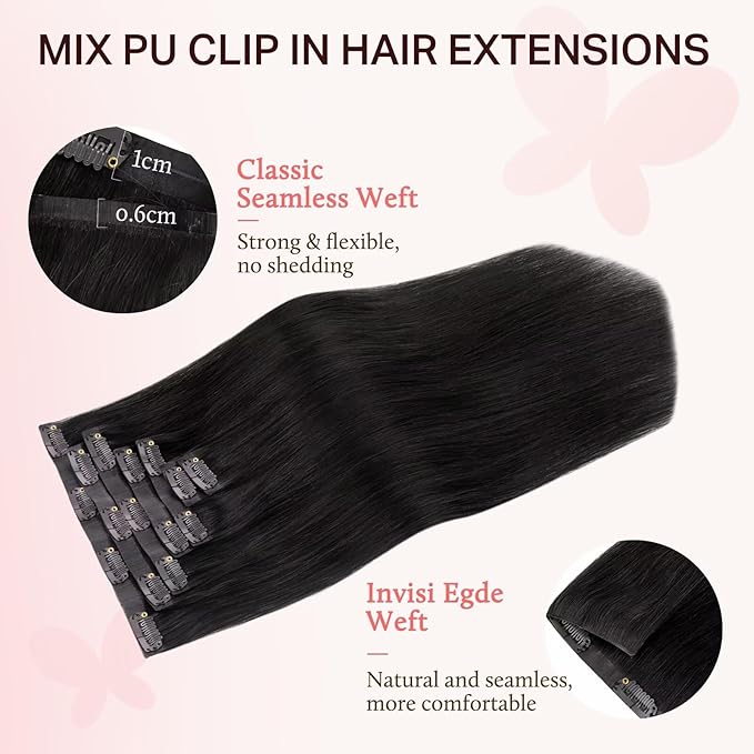 DOORES Clip in Hair Extensions Set 18 Inch 120g, 4pcs Invisi Edge Clip ins and 3pcs Classic Seamless Clip ins, Injected Virgin Real Human Hair Extensions Natural Invisible Straight, #1