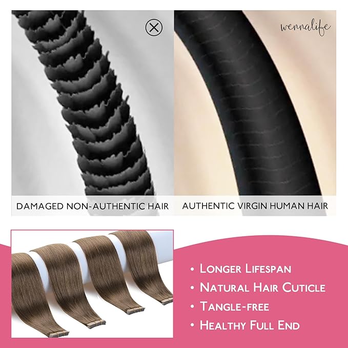 WENNALIFE Tape in Hair Extensions Human Hair Light Ash Brown 10pcs 30g 22 inch Remy Invisible Tape Ins Straight Colored Soft Real Human Hair Tape in Extensions Refill Set