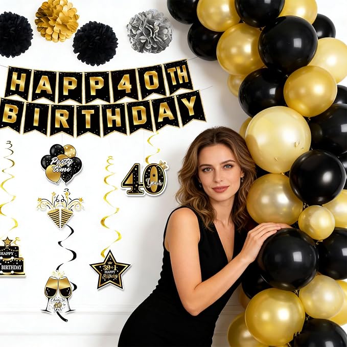40th Birthday Decorations for Men Women | Pre-Strung Black Gold Happy Birthday - Image 4