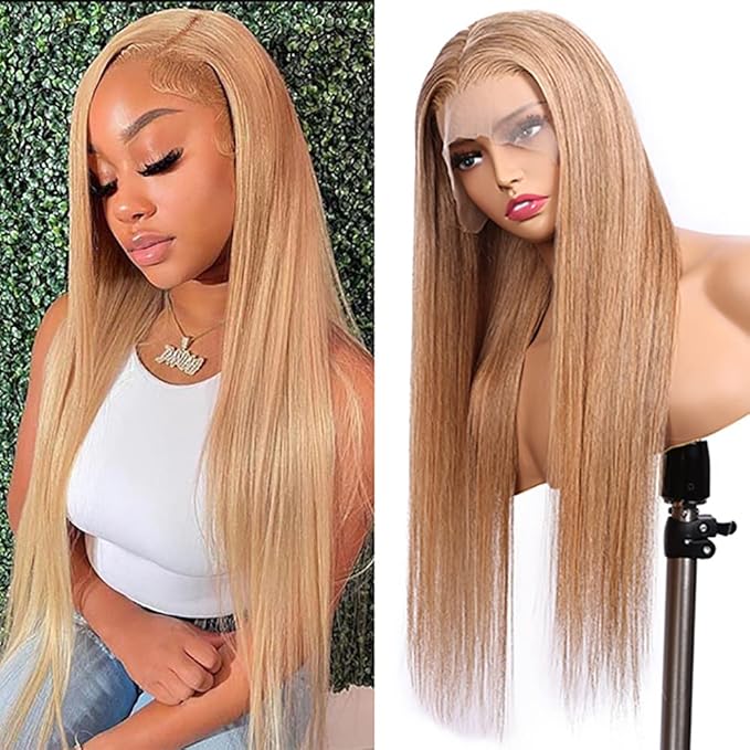 Honey Blonde Straight 13x4 Lace Front Human Hair Wigs with Baby Hair Pre Plucked Brazilian Virgin Hair Transparent HD Lace Frontal Wig for Black Women 180% Density 18 Inch