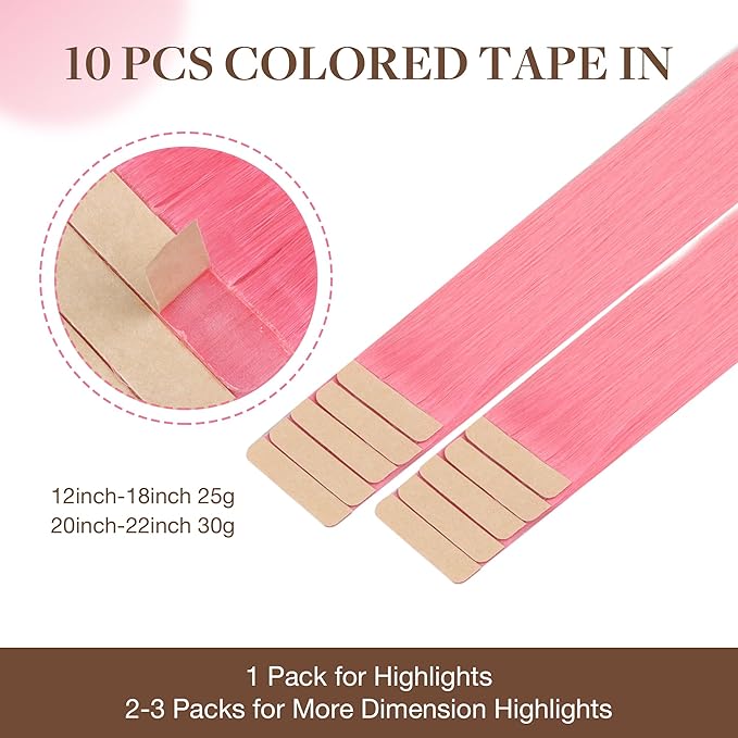 GOO GOO Tape in Hair Extensions Human Hair, Peach Pink, 16inch 25g 10pcs, Colored Tape ins Human Hair Extensions, Silky&Soft Invisible Tape Ins, Hair Highlighted for Party